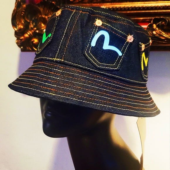 Evisu Multi-color Bucket Hat Embroidered Print Multi-Pockets Denim NWT w Bag - Picture 6 of 11